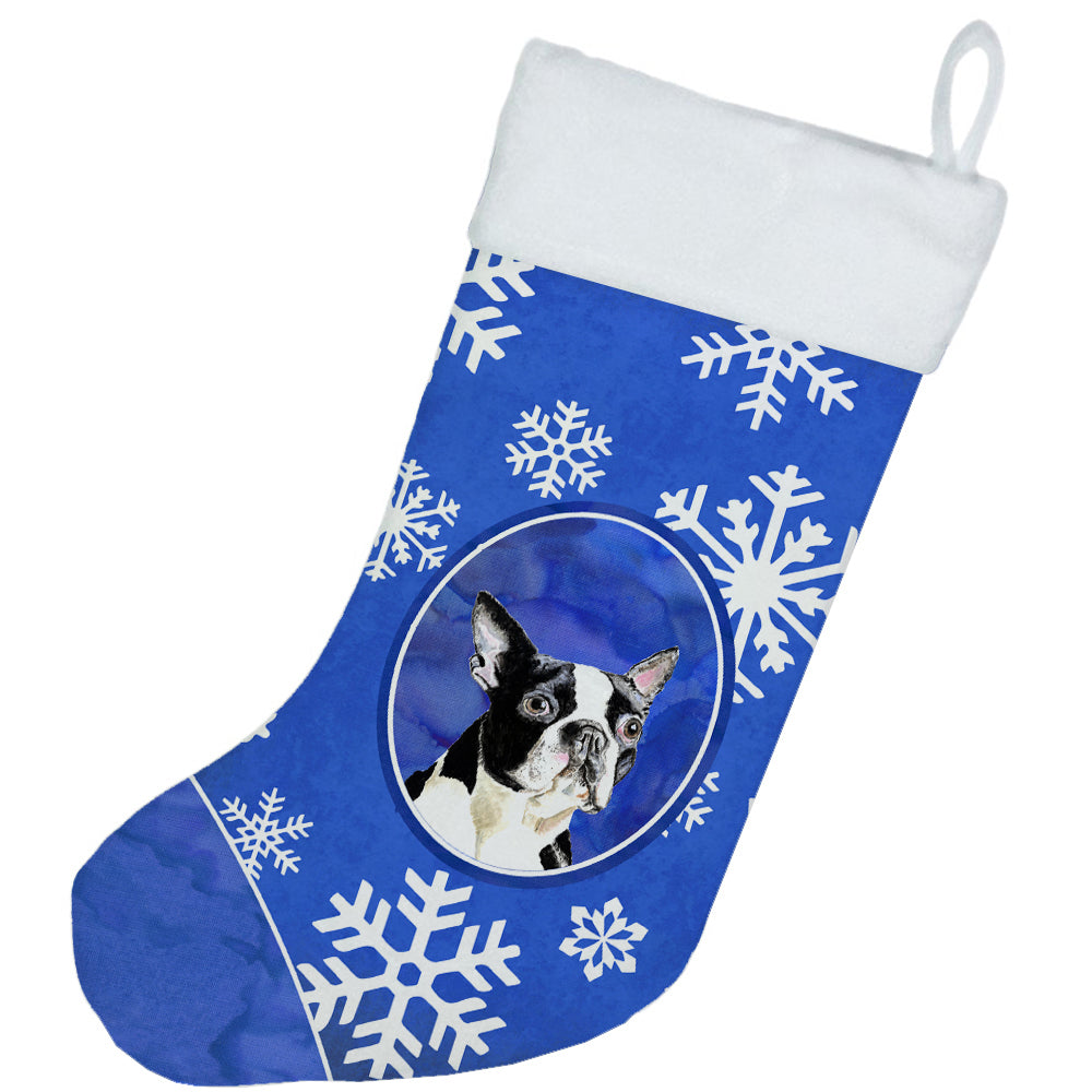 Boston Terrier Winter Snowflakes Holiday Holiday Stocking Double-Sided Print, Polyester Suede,11x18, Made in USA