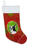 Boston Terrier Red Green Snowflakes Christmas Holiday Stocking Double-Sided Print, Polyester Suede,11x18, Made in USA
