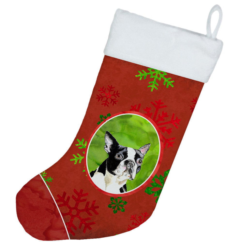 Boston Terrier Red Green Snowflakes Christmas Holiday Stocking Double-Sided Print, Polyester Suede,11x18, Made in USA