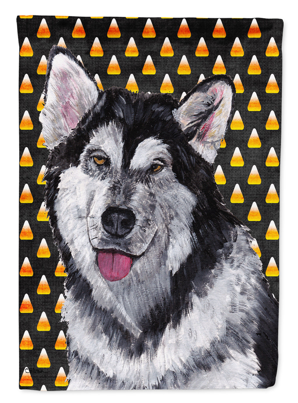 Alaskan Malamute Candy Corn Halloween House Flag 28x40 Porch Sleeve Pole Decorative Outside Yard Banner Artwork Wall Hanging, Polyester