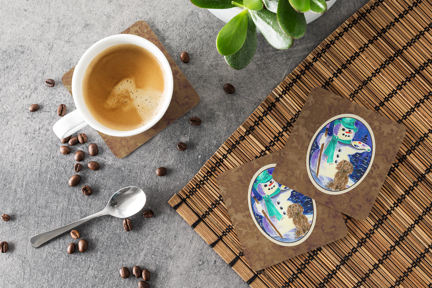English Springer Spaniel with Artist Snowman Foam Coasters Set of 4 Cup Coasters for Indoor Outdoor, Tabletop Protection, Anti Slip, Mouse pad Material