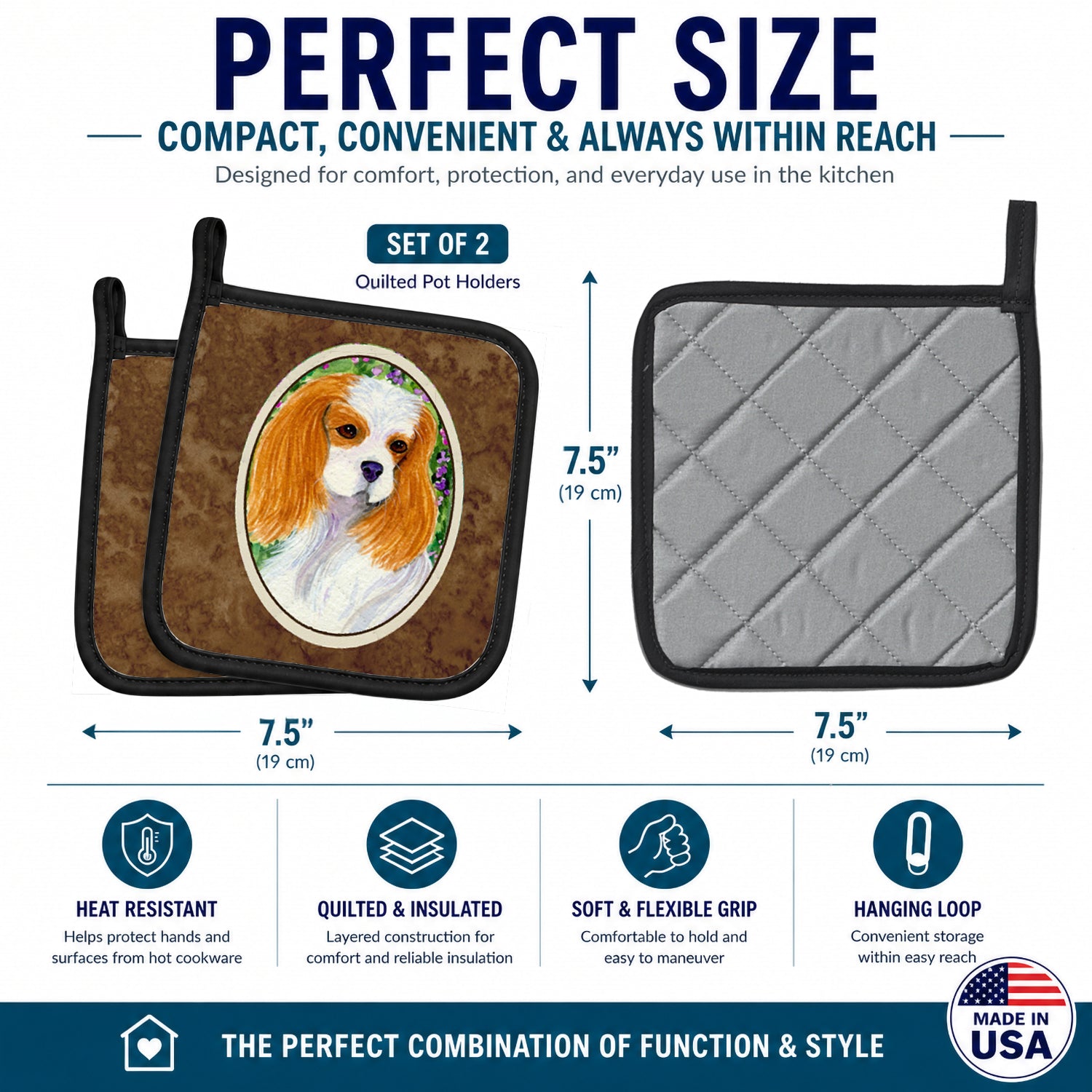 Cavalier Spaniel Pot Holder Set of 2 Heat Resistant Quilted Hot Pads 7.5 x 7.5 Inch, Insulated Kitchen Trivets for Cooking & Baking