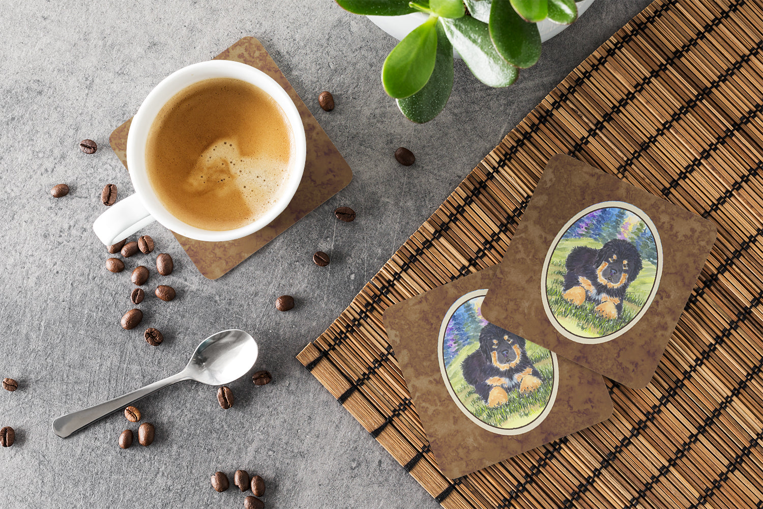 Tibetan Mastiff Foam Coasters Set of 4 Cup Coasters for Indoor Outdoor, Tabletop Protection, Anti Slip, Mouse pad Material