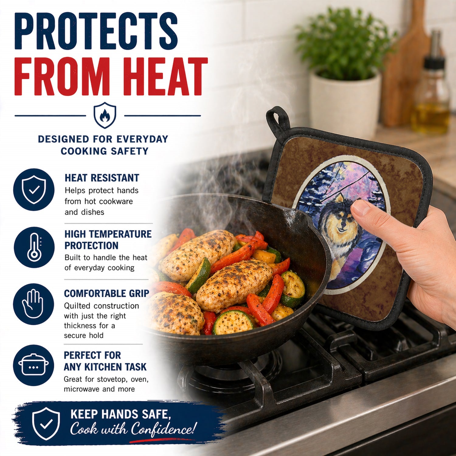 Finnish Lapphund Pot Holder Set of 2 Heat Resistant Quilted Hot Pads 7.5 x 7.5 Inch, Insulated Kitchen Trivets for Cooking & Baking