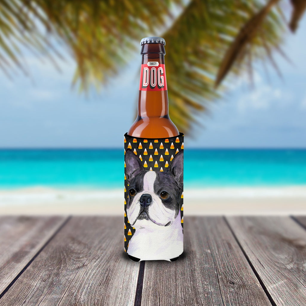 Boston Terrier Candy Corn Halloween Portrait Slim Can Hugger , Insulated Foam Hugger for 12 oz Slim Cans, Beer Bottles & Water Bottles, Printed in USA