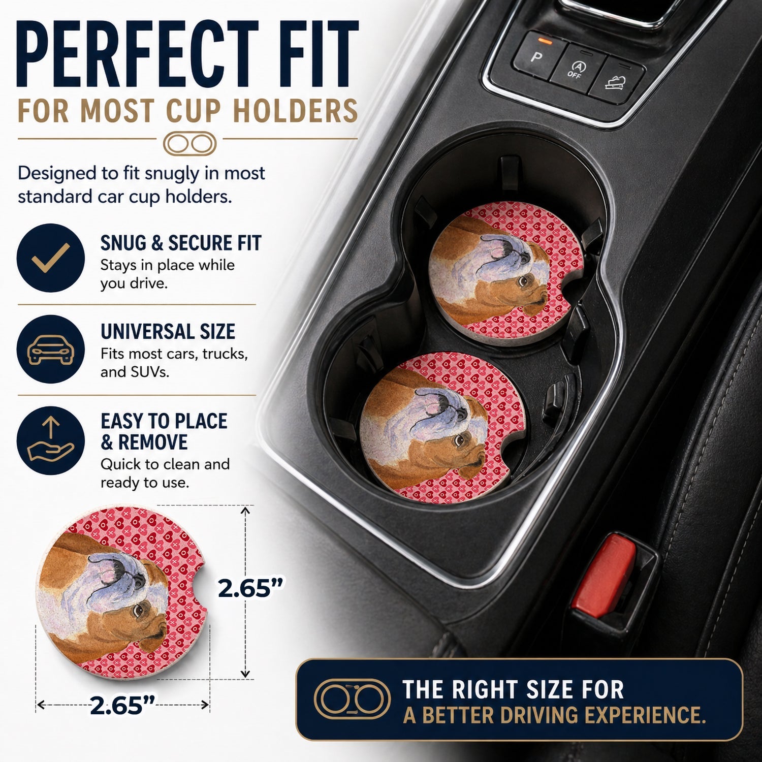 Bulldog English Hearts Love Valentine's Day Set of 2 Cup Holder Car Coasters Absorbent Round Sandstone Coasters Gifts for Men or Women, 2.5, Multicolor