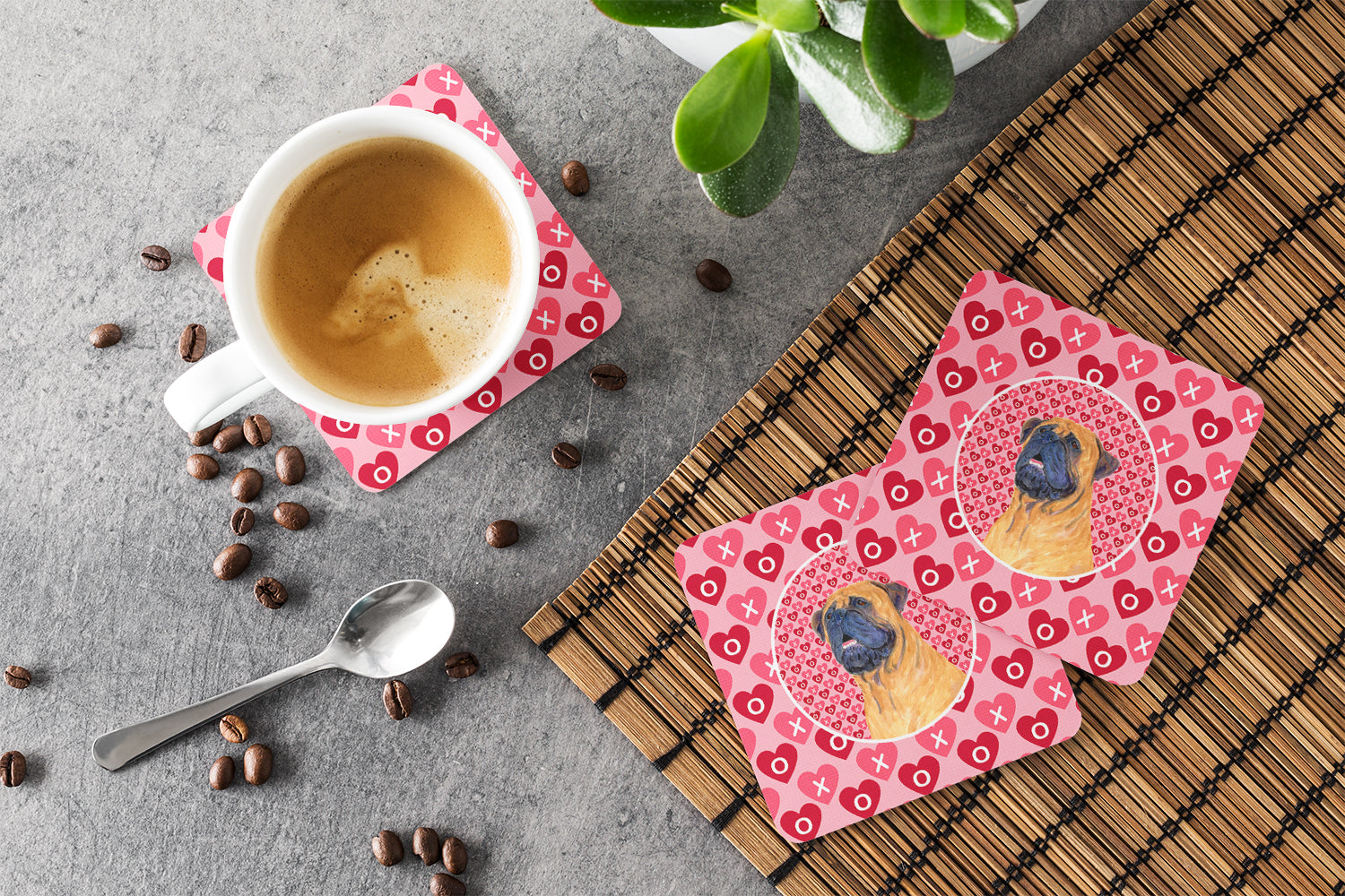 Mastiff Hearts Love and Valentine's Day Portrait Foam Coasters Set of 4 Cup Coasters for Indoor Outdoor, Tabletop Protection, Anti Slip, Mouse pad Material
