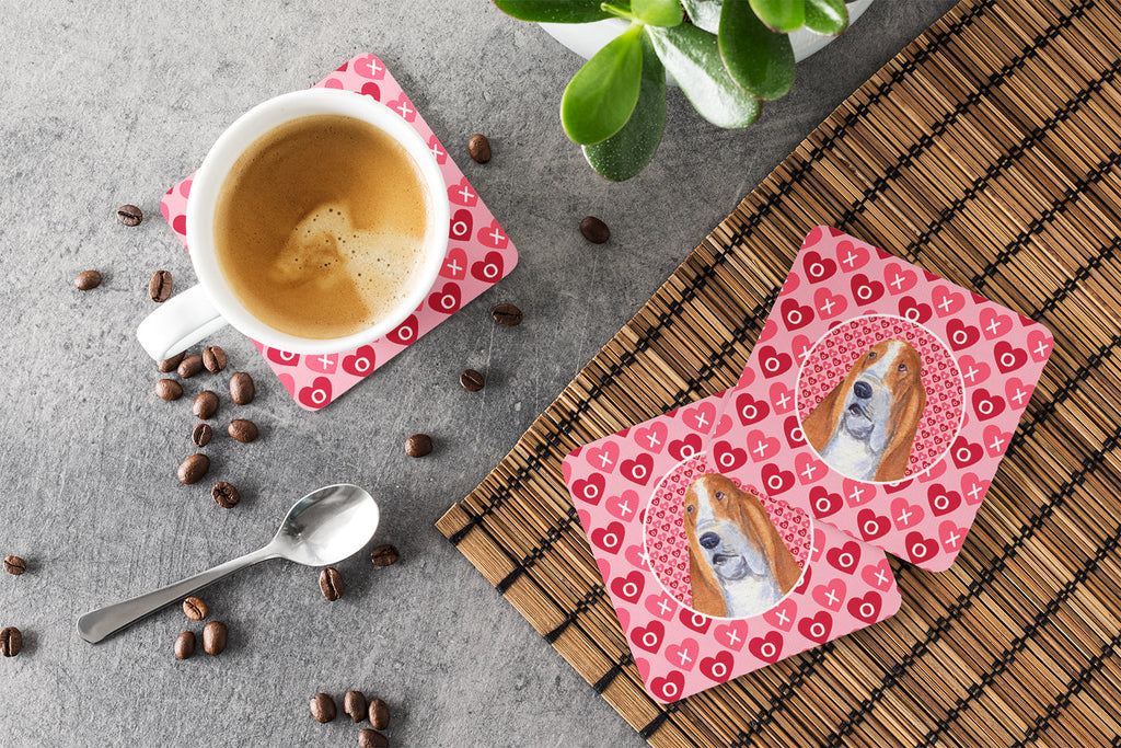 Basset Hound Hearts Love and Valentine's Day Portrait Foam Coasters Set of 4 Cup Coasters for Indoor Outdoor, Tabletop Protection, Anti Slip, Mouse pad Material