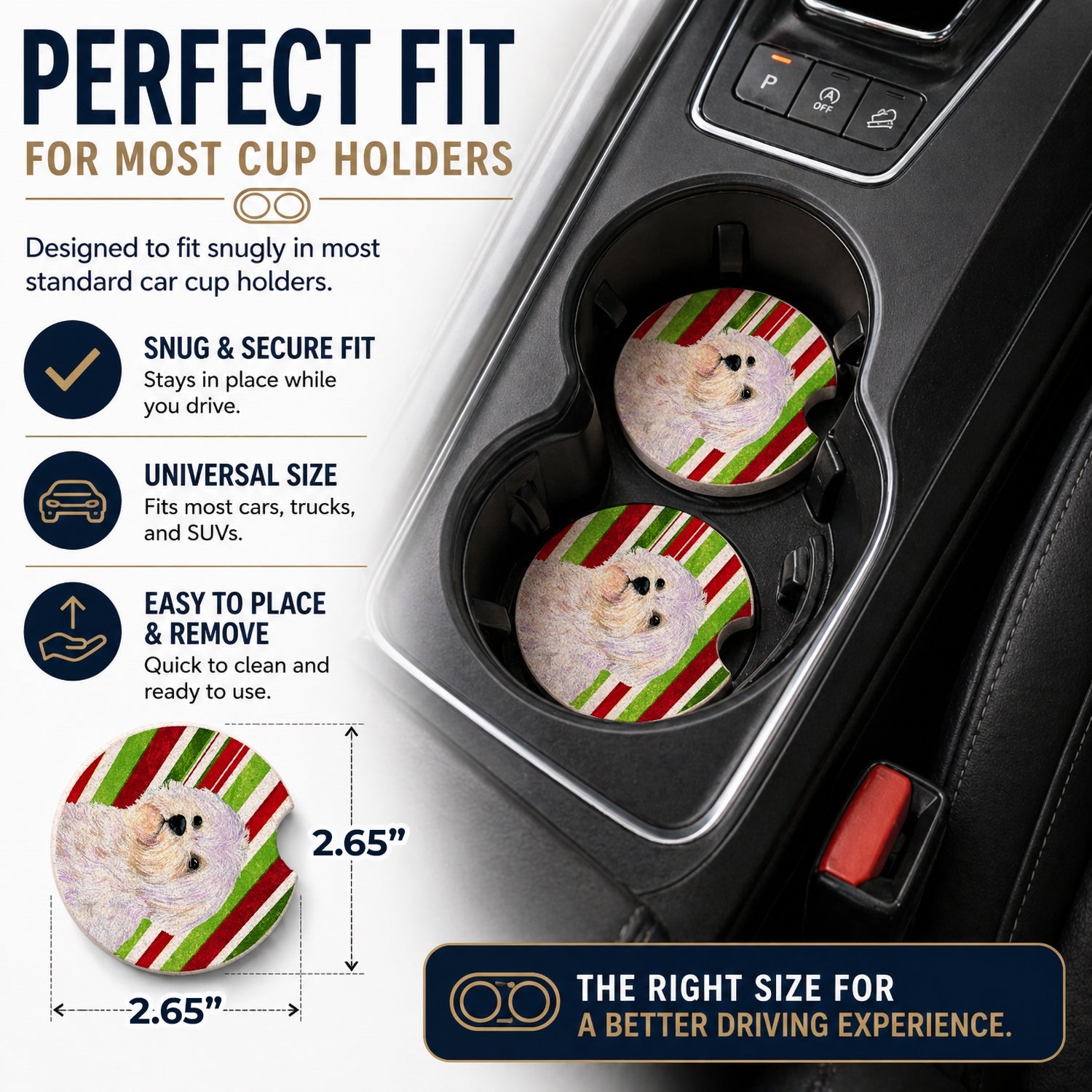 Maltese Candy Cane Holiday Christmas Set of 2 Cup Holder Car Coasters Absorbent Round Sandstone Coasters Gifts for Men or Women, 2.5, Multicolor