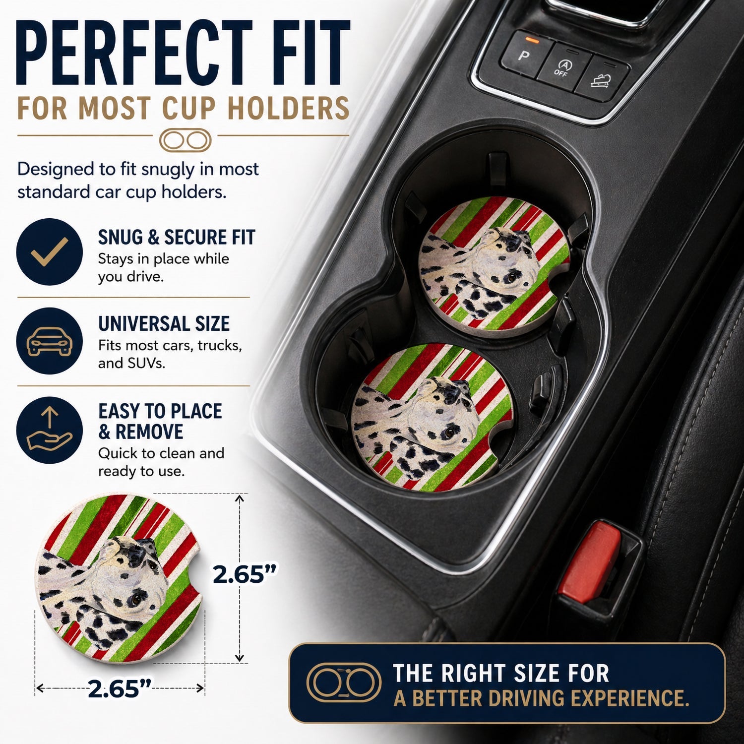 Dalmatian Candy Cane Holiday Christmas Set of 2 Cup Holder Car Coasters Absorbent Round Sandstone Coasters Gifts for Men or Women, 2.5, Multicolor