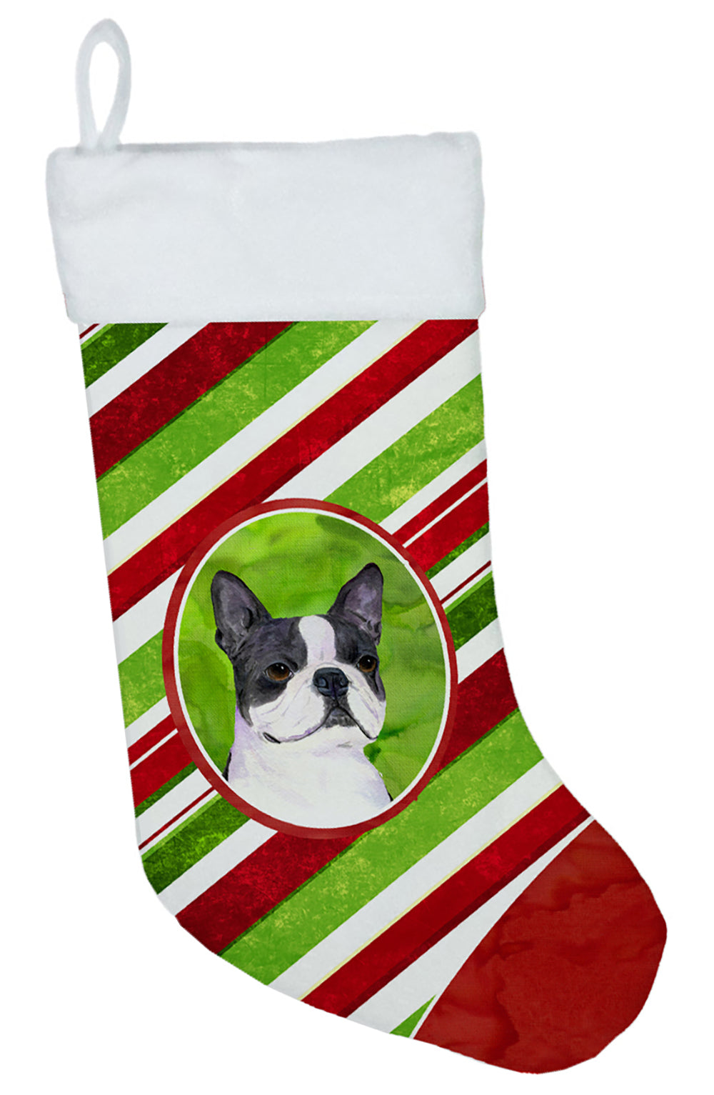 Boston Terrier Candy Cane Holiday Christmas Holiday Stocking Double-Sided Print, Polyester Suede,11x18, Made in USA