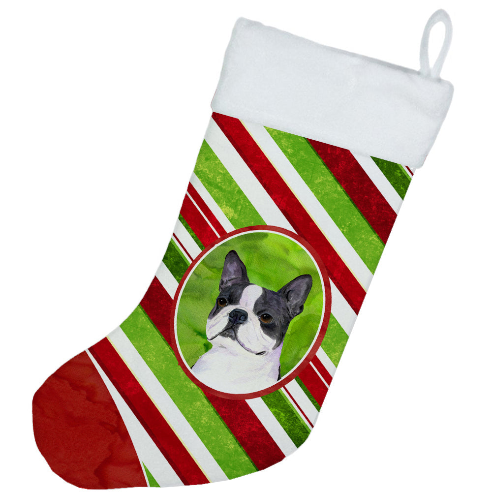 Boston Terrier Candy Cane Holiday Christmas Holiday Stocking Double-Sided Print, Polyester Suede,11x18, Made in USA
