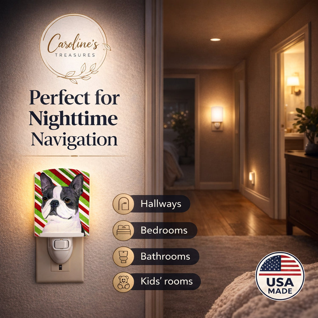 Boston Terrier Candy Cane Holiday Christmas Ceramic Night Light Compact, UL-Certified, Ideal for Bedroom, Bathroom, Nursery, Hallway, Kitchen, 6x4x3, Multicolor