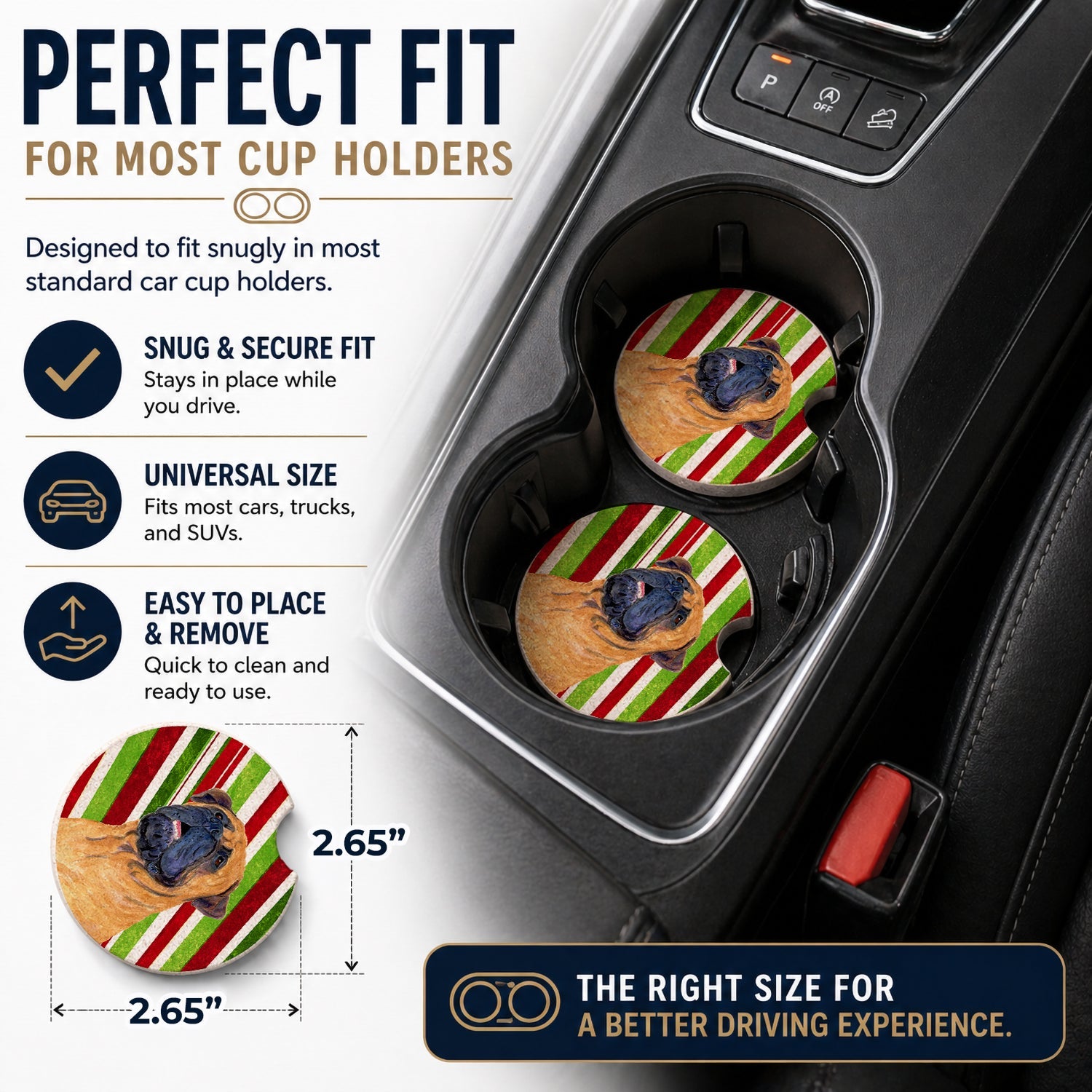 Mastiff Candy Cane Holiday Christmas Set of 2 Cup Holder Car Coasters Absorbent Round Sandstone Coasters Gifts for Men or Women, 2.5, Multicolor