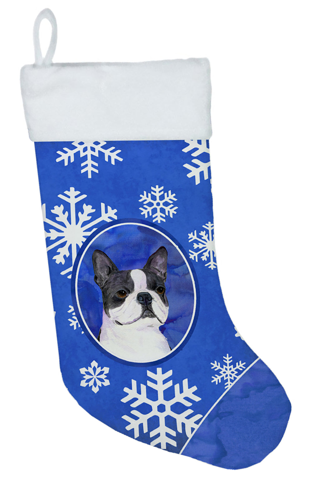 Boston Terrier Winter Snowflakes Holiday Holiday Stocking Double-Sided Print, Polyester Suede,11x18, Made in USA