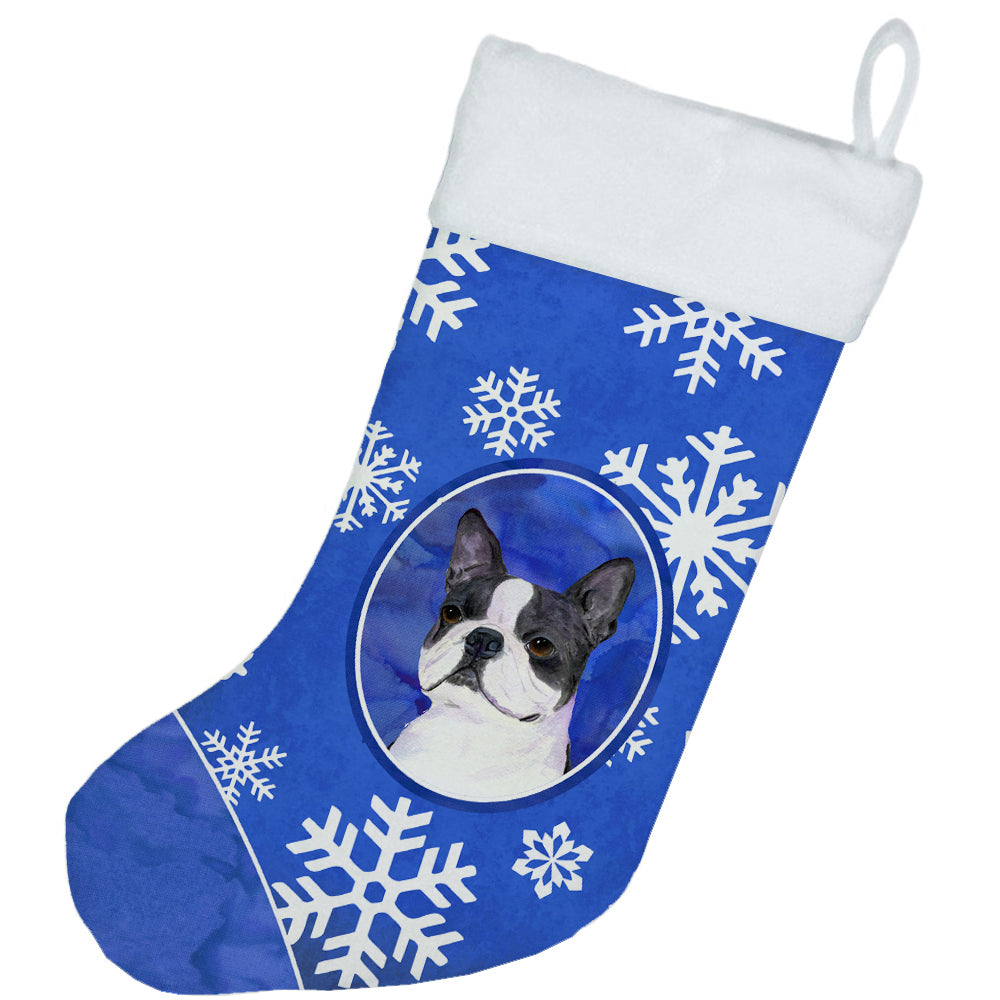 Boston Terrier Winter Snowflakes Holiday Holiday Stocking Double-Sided Print, Polyester Suede,11x18, Made in USA