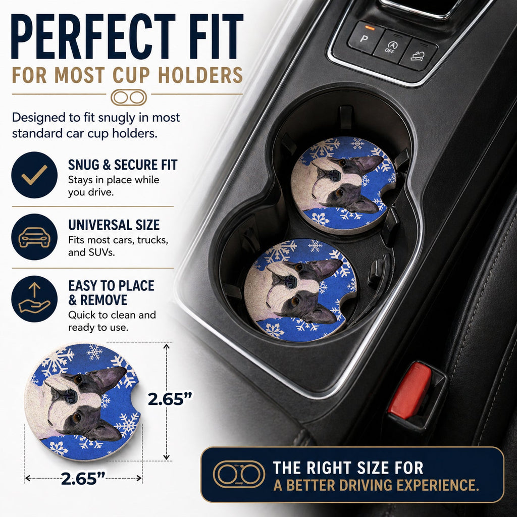 Boston Terrier Winter Snowflakes Holiday Set of 2 Cup Holder Car Coasters Absorbent Round Sandstone Coasters Gifts for Men or Women, 2.5, Multicolor