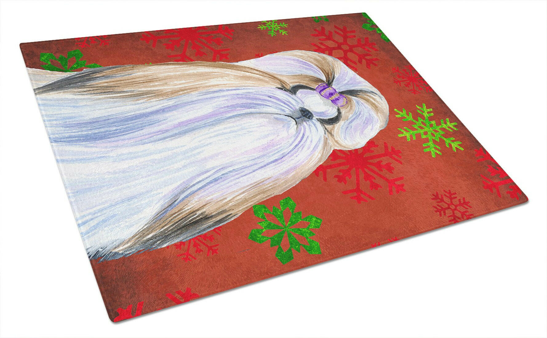 Shih Tzu Red and Green Snowflakes Holiday Christmas Cutting Board Tempered Glass Kitchen Cutting Surface, Heat Resistant Chopping, Non-Slip Feet, Food Prep & Serving
