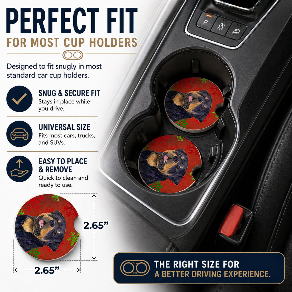 Rottweiler Red and Green Snowflakes Holiday Christmas Set of 2 Cup Holder Car Coasters Absorbent Round Sandstone Coasters Gifts for Men or Women, 2.5, Multicolor
