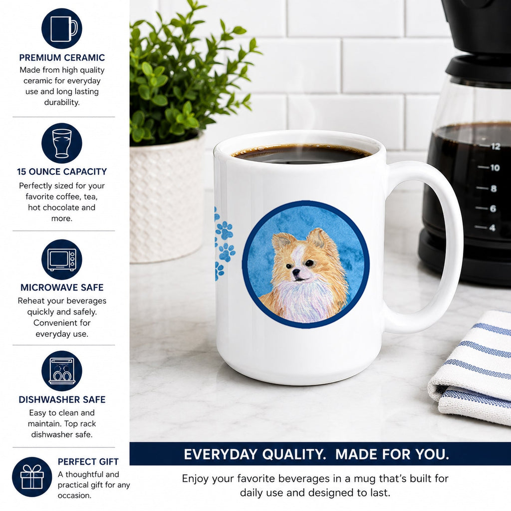 Blue Longhaired Chihuahua Ceramic Coffee Mug 15 oz Decorative Large C Handle Mug Cup for Tea, Cocoa Hot Chocolate