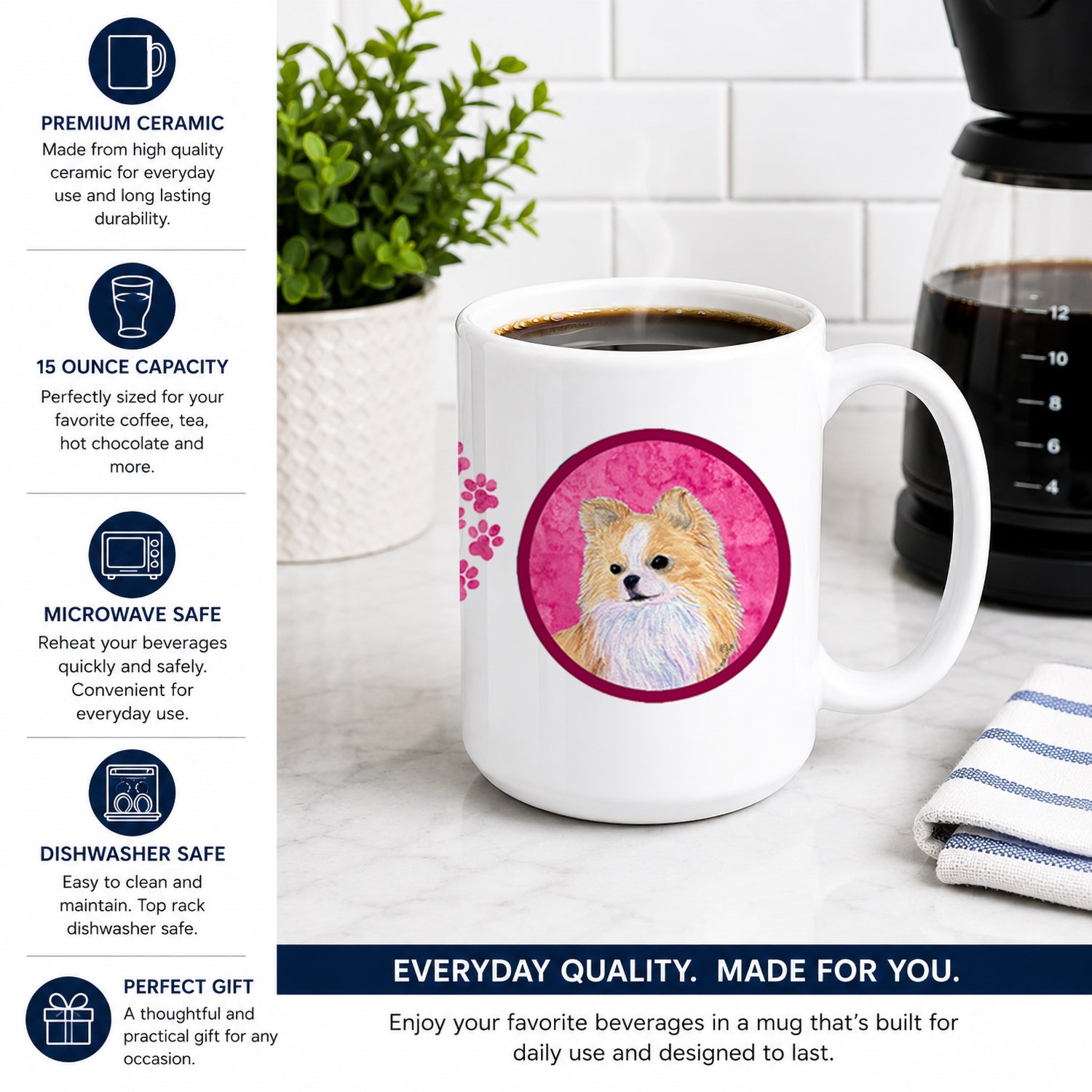 Pink Longhaired Chihuahua Ceramic Coffee Mug 15 oz Decorative Large C Handle Mug Cup for Tea, Cocoa Hot Chocolate