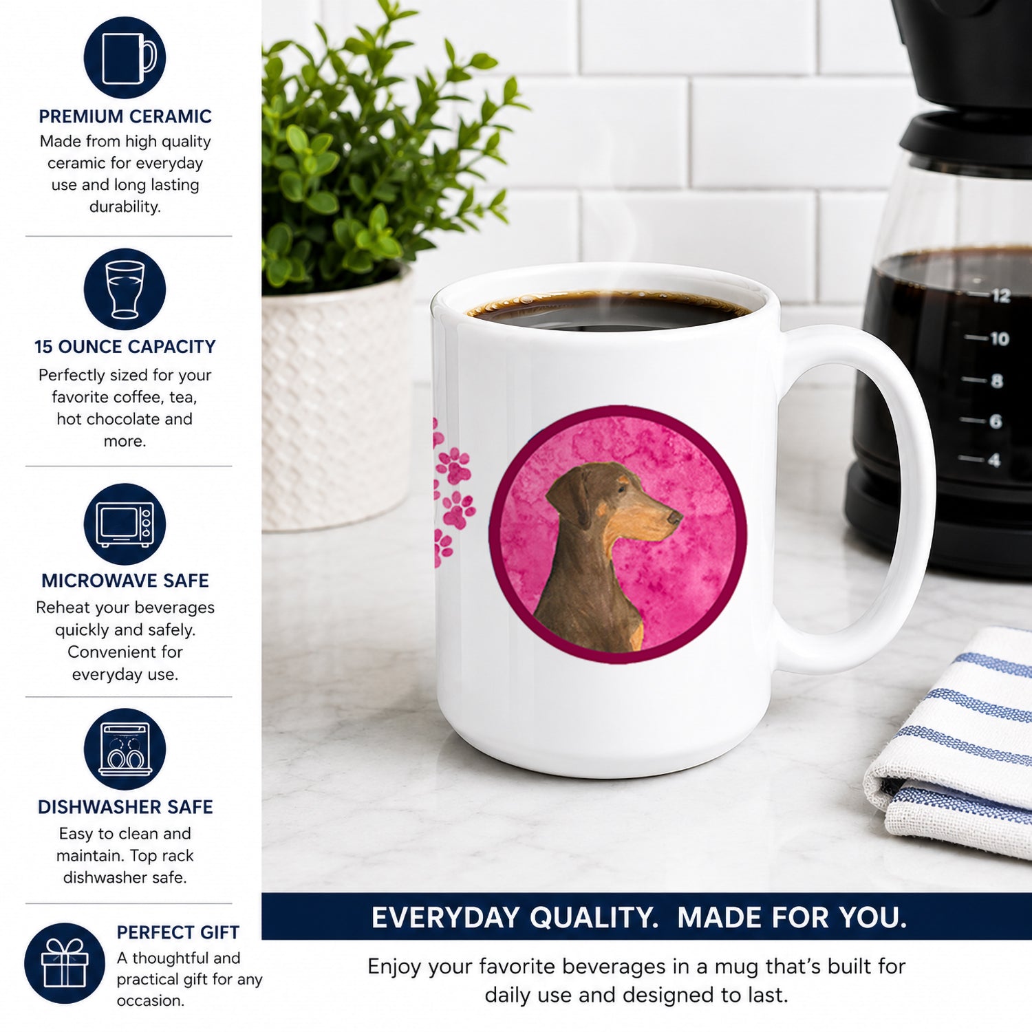 Pink Doberman Ceramic Coffee Mug 15 oz Decorative Large C Handle Mug Cup for Tea, Cocoa Hot Chocolate