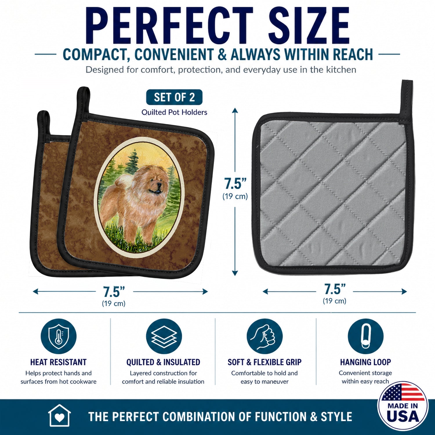 Chow Chow Pot Holder Set of 2 Heat Resistant Quilted Hot Pads 7.5 x 7.5 Inch, Insulated Kitchen Trivets for Cooking & Baking