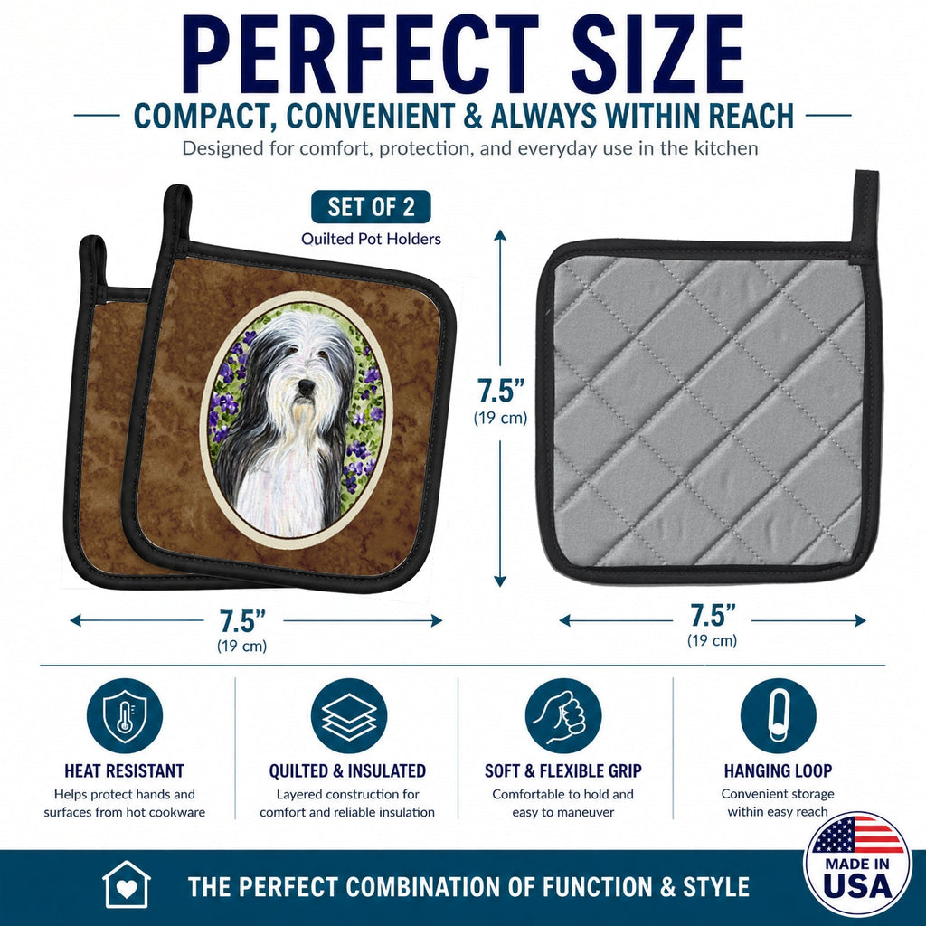 Bearded Collie Pot Holder Set of 2 Heat Resistant Quilted Hot Pads 7.5 x 7.5 Inch, Insulated Kitchen Trivets for Cooking & Baking