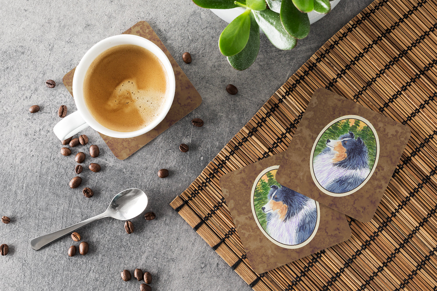 Sheltie Foam Coasters Set of 4 Cup Coasters for Indoor Outdoor, Tabletop Protection, Anti Slip, Mouse pad Material