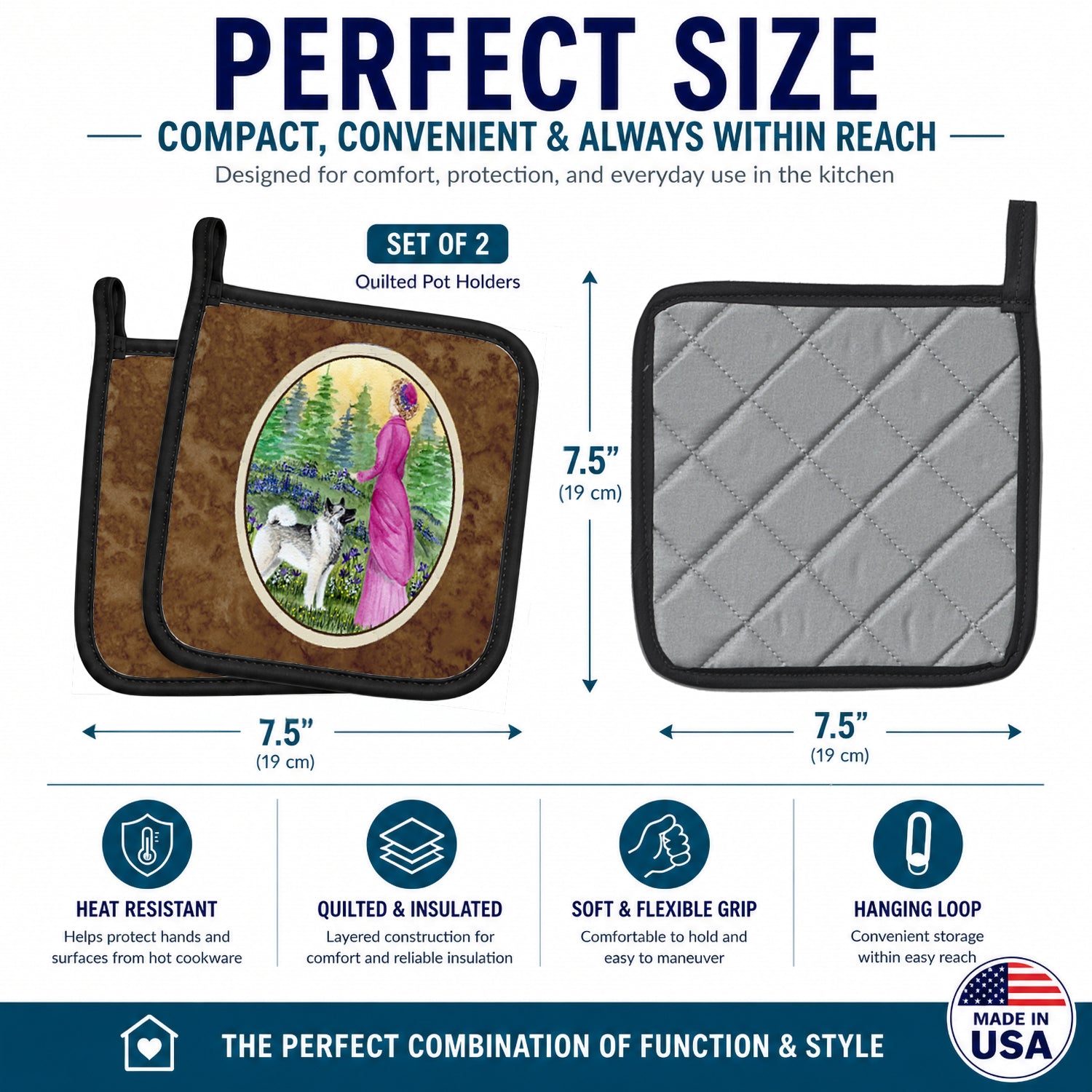 Lady with her Norwegian Elkhound Pot Holder Set of 2 Heat Resistant Quilted Hot Pads 7.5 x 7.5 Inch, Insulated Kitchen Trivets for Cooking & Baking