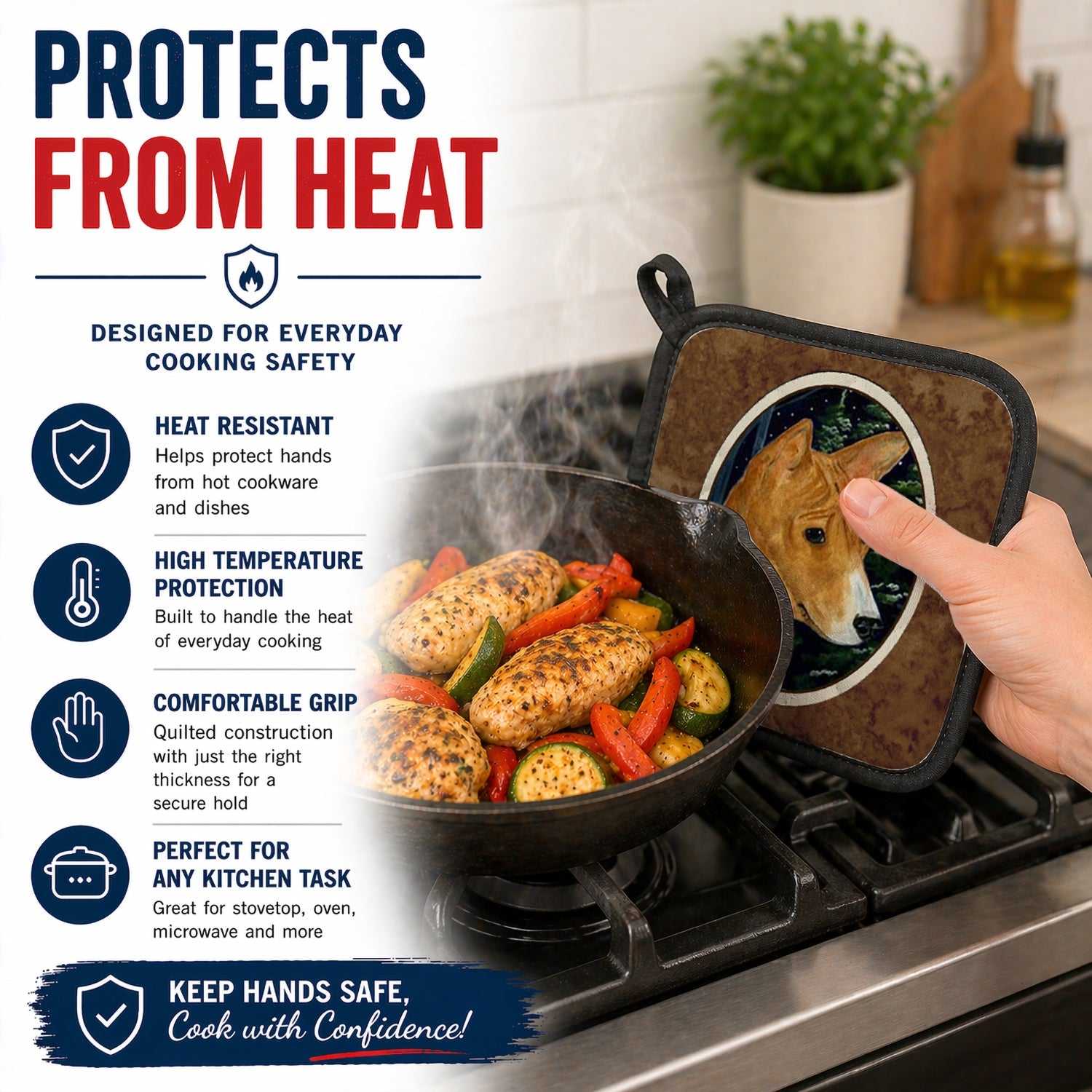 Basenji Pot Holder Set of 2 Heat Resistant Quilted Hot Pads 7.5 x 7.5 Inch, Insulated Kitchen Trivets for Cooking & Baking