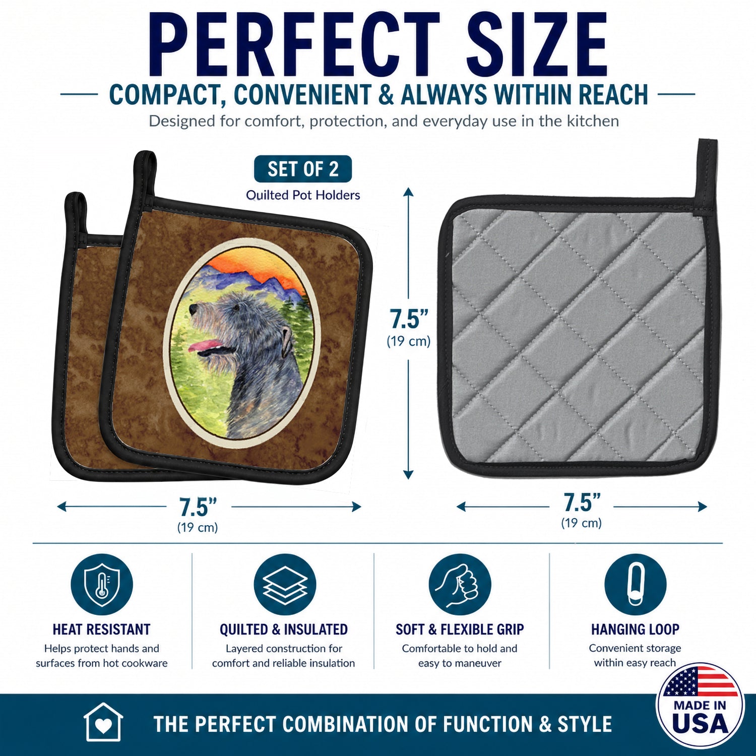 Irish Wolfhound Pot Holder Set of 2 Heat Resistant Quilted Hot Pads 7.5 x 7.5 Inch, Insulated Kitchen Trivets for Cooking & Baking