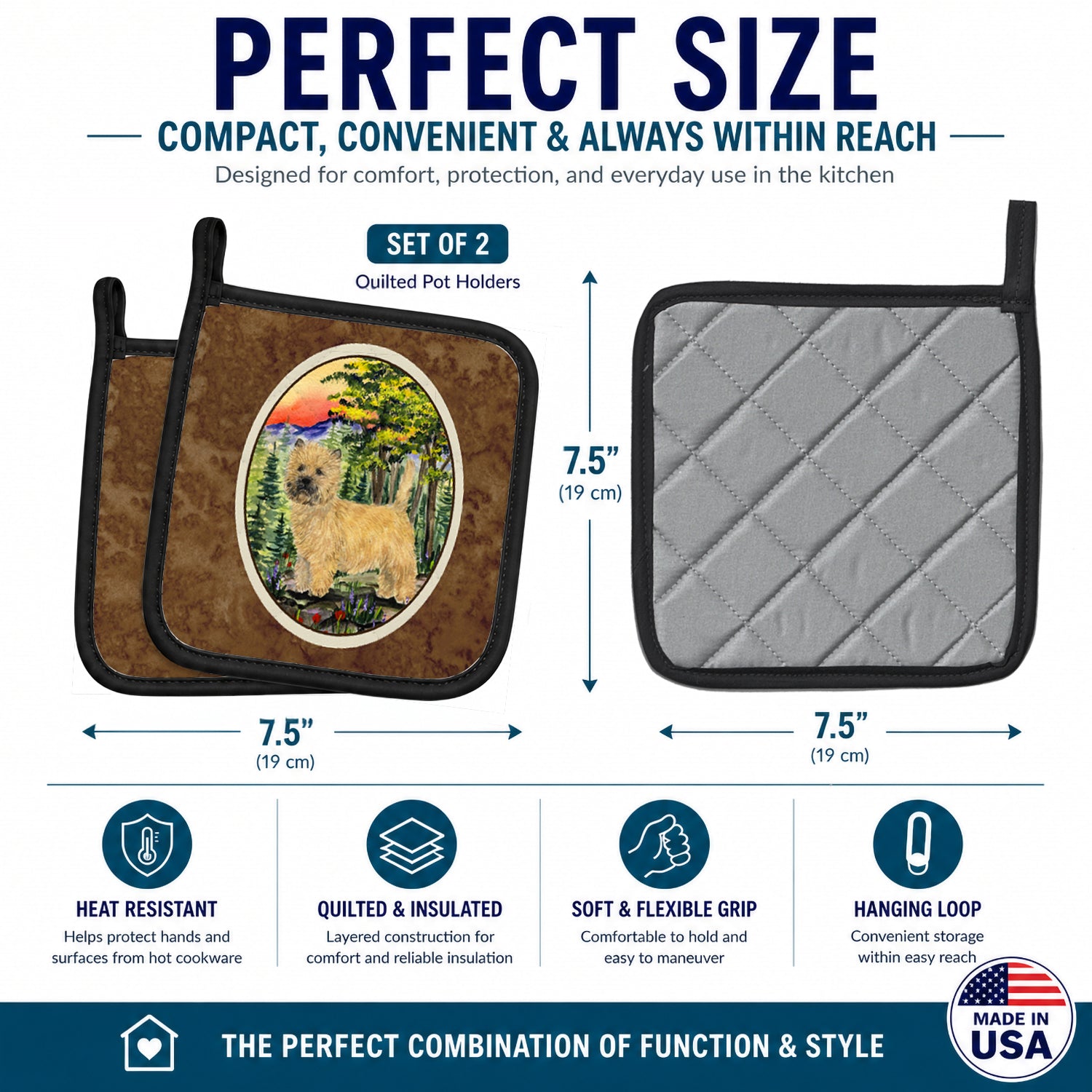 Cairn Terrier Pot Holder Set of 2 Heat Resistant Quilted Hot Pads 7.5 x 7.5 Inch, Insulated Kitchen Trivets for Cooking & Baking