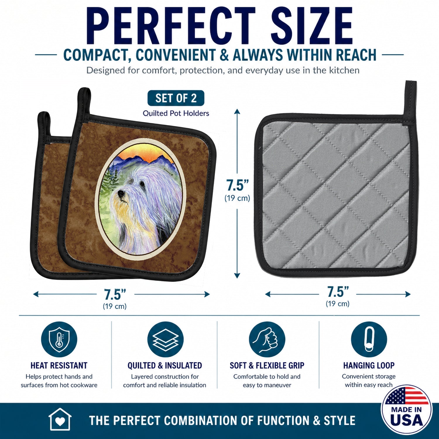 Bearded Collie Pot Holder Set of 2 Heat Resistant Quilted Hot Pads 7.5 x 7.5 Inch, Insulated Kitchen Trivets for Cooking & Baking
