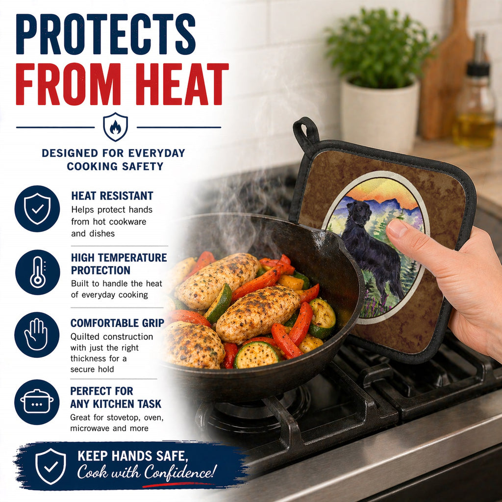 Flat Coated Retriever Pot Holder Set of 2 Heat Resistant Quilted Hot Pads 7.5 x 7.5 Inch, Insulated Kitchen Trivets for Cooking & Baking
