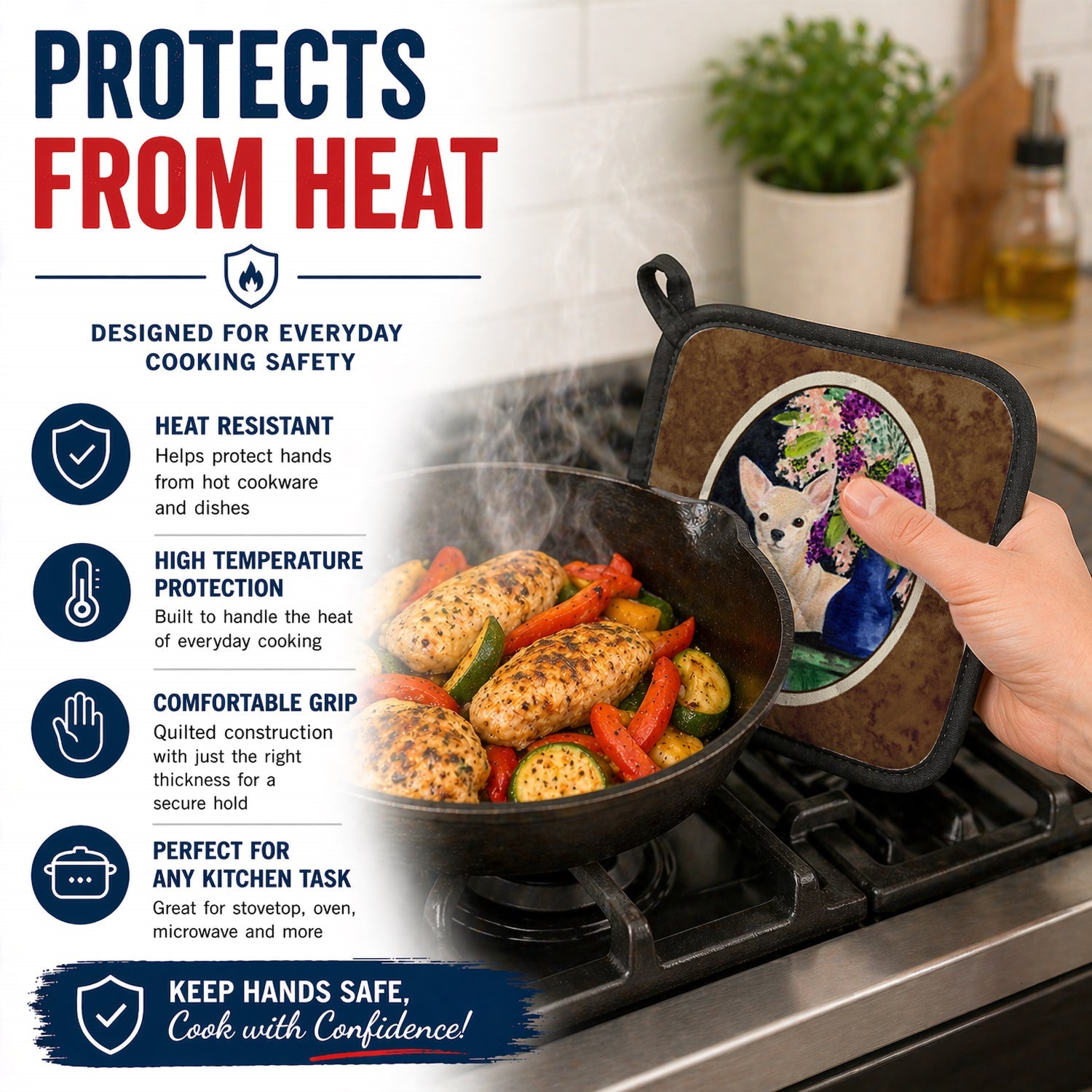 Chihuahua Pot Holder Set of 2 Heat Resistant Quilted Hot Pads 7.5 x 7.5 Inch, Insulated Kitchen Trivets for Cooking & Baking