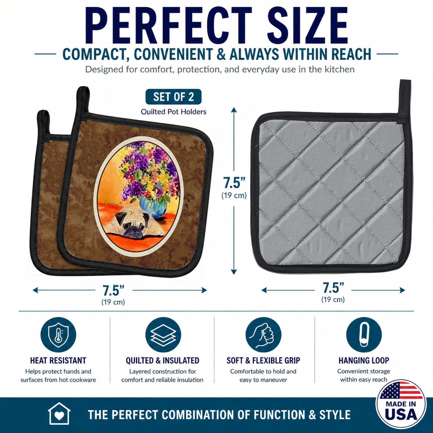 Pug Pot Holder Set of 2 Heat Resistant Quilted Hot Pads 7.5 x 7.5 Inch, Insulated Kitchen Trivets for Cooking & Baking