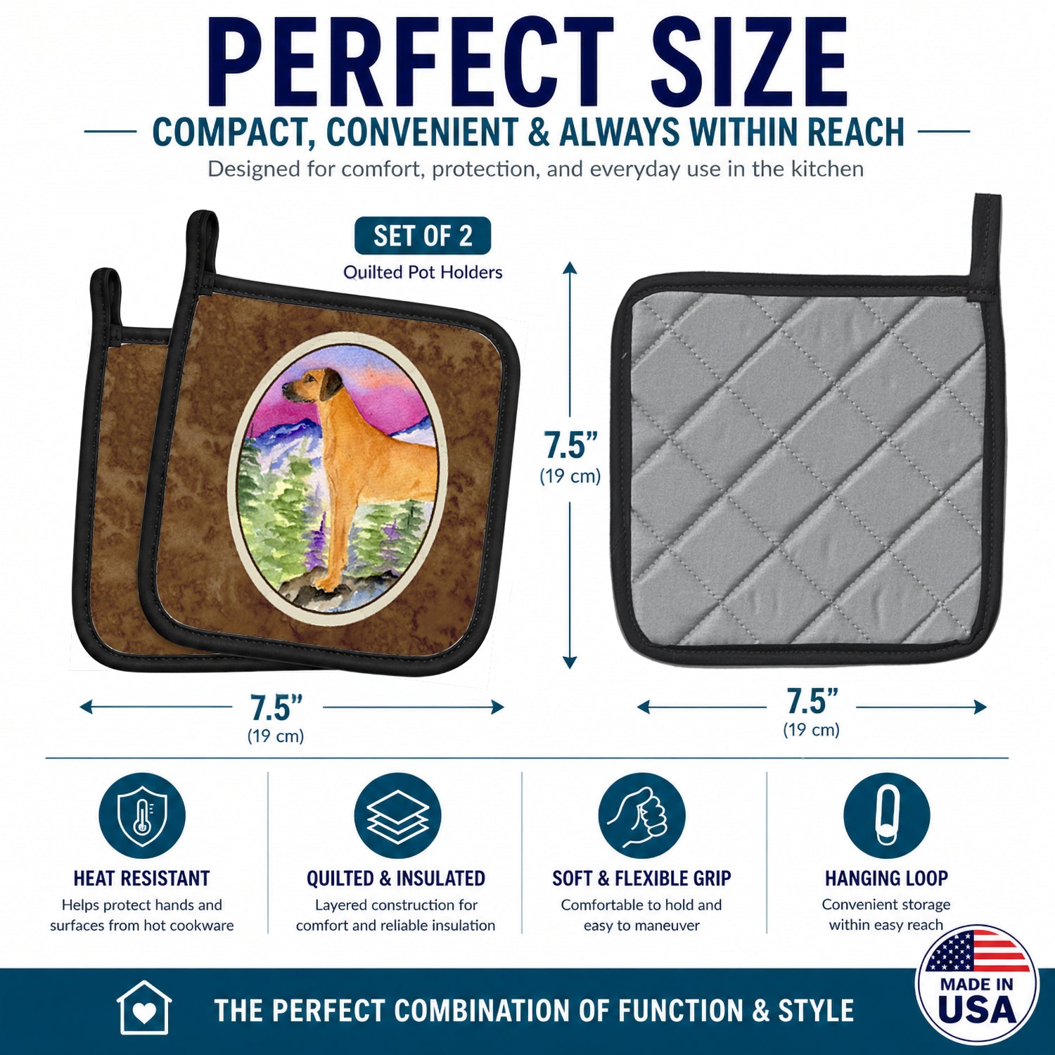 Rhodesian Ridgeback Pot Holder Set of 2 Heat Resistant Quilted Hot Pads 7.5 x 7.5 Inch, Insulated Kitchen Trivets for Cooking & Baking
