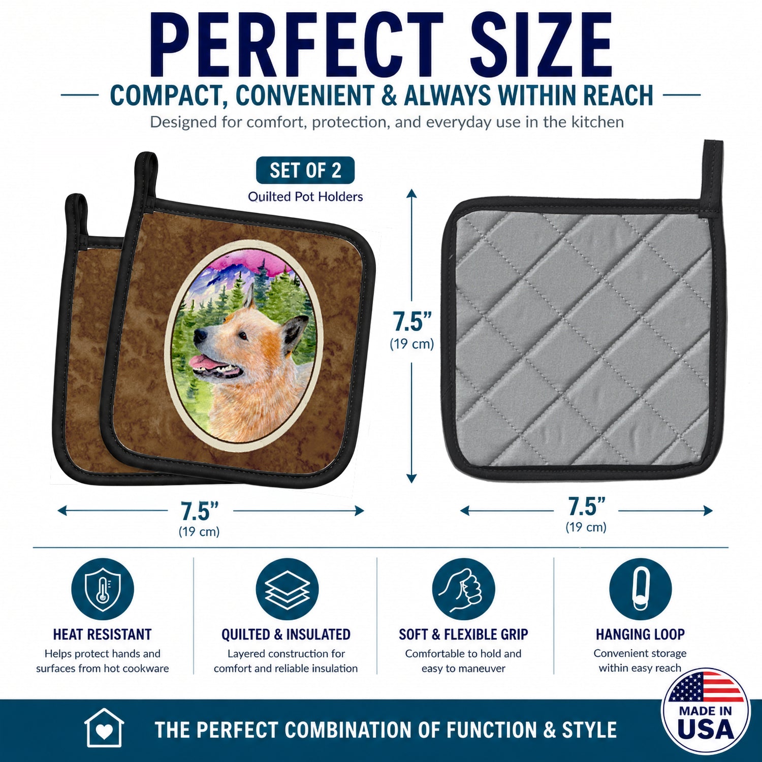 Australian Cattle Dog Pot Holder Set of 2 Heat Resistant Quilted Hot Pads 7.5 x 7.5 Inch, Insulated Kitchen Trivets for Cooking & Baking