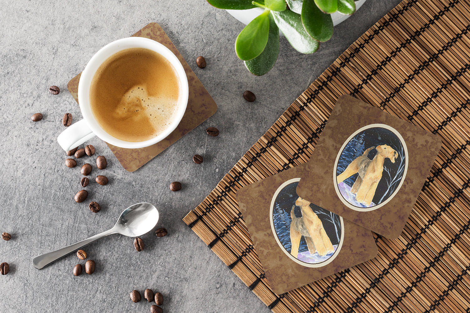 Starry Night Airedale Foam Coasters Set of 4 Cup Coasters for Indoor Outdoor, Tabletop Protection, Anti Slip, Mouse pad Material