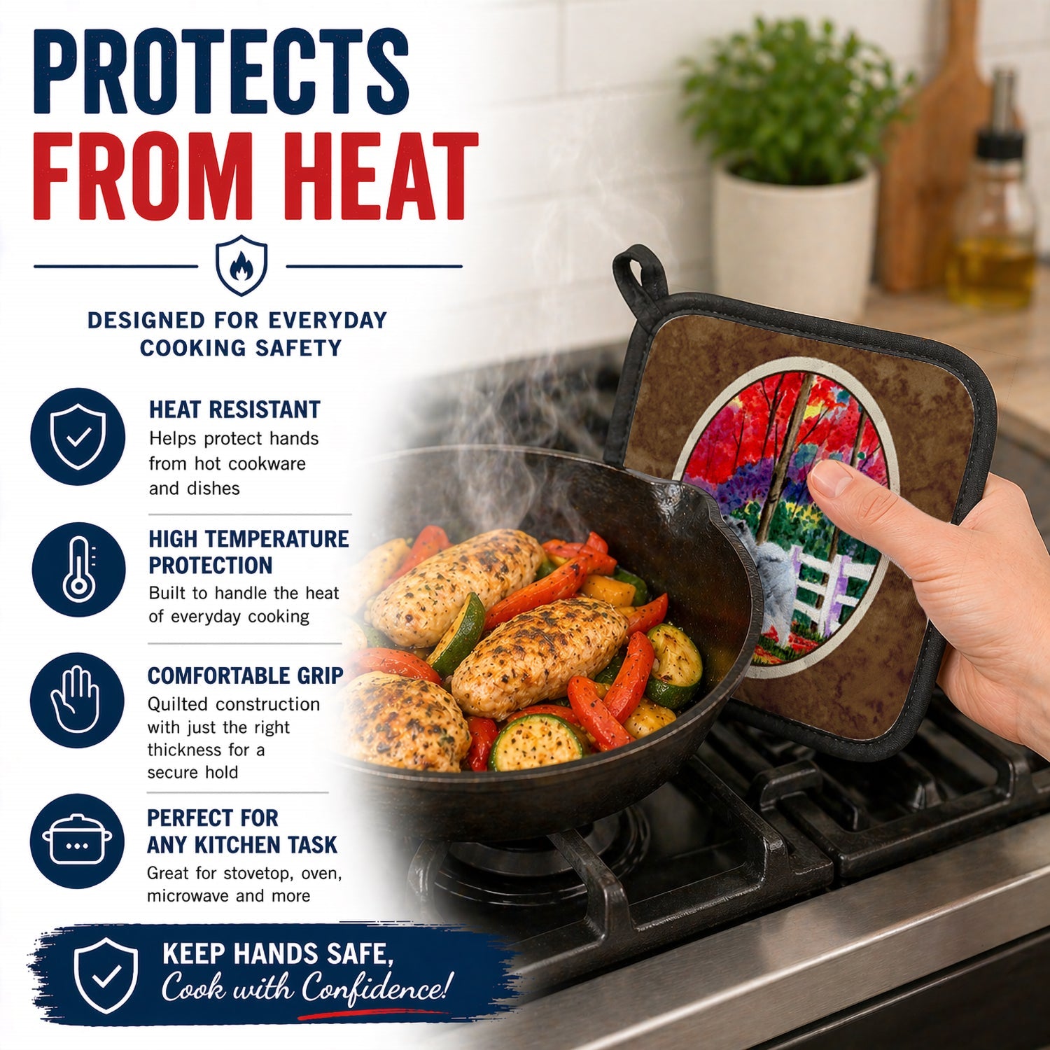 Keeshond Pot Holder Set of 2 Heat Resistant Quilted Hot Pads 7.5 x 7.5 Inch, Insulated Kitchen Trivets for Cooking & Baking