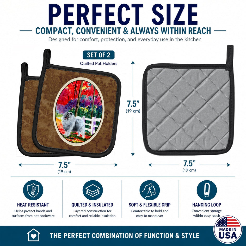 Keeshond Pot Holder Set of 2 Heat Resistant Quilted Hot Pads 7.5 x 7.5 Inch, Insulated Kitchen Trivets for Cooking & Baking