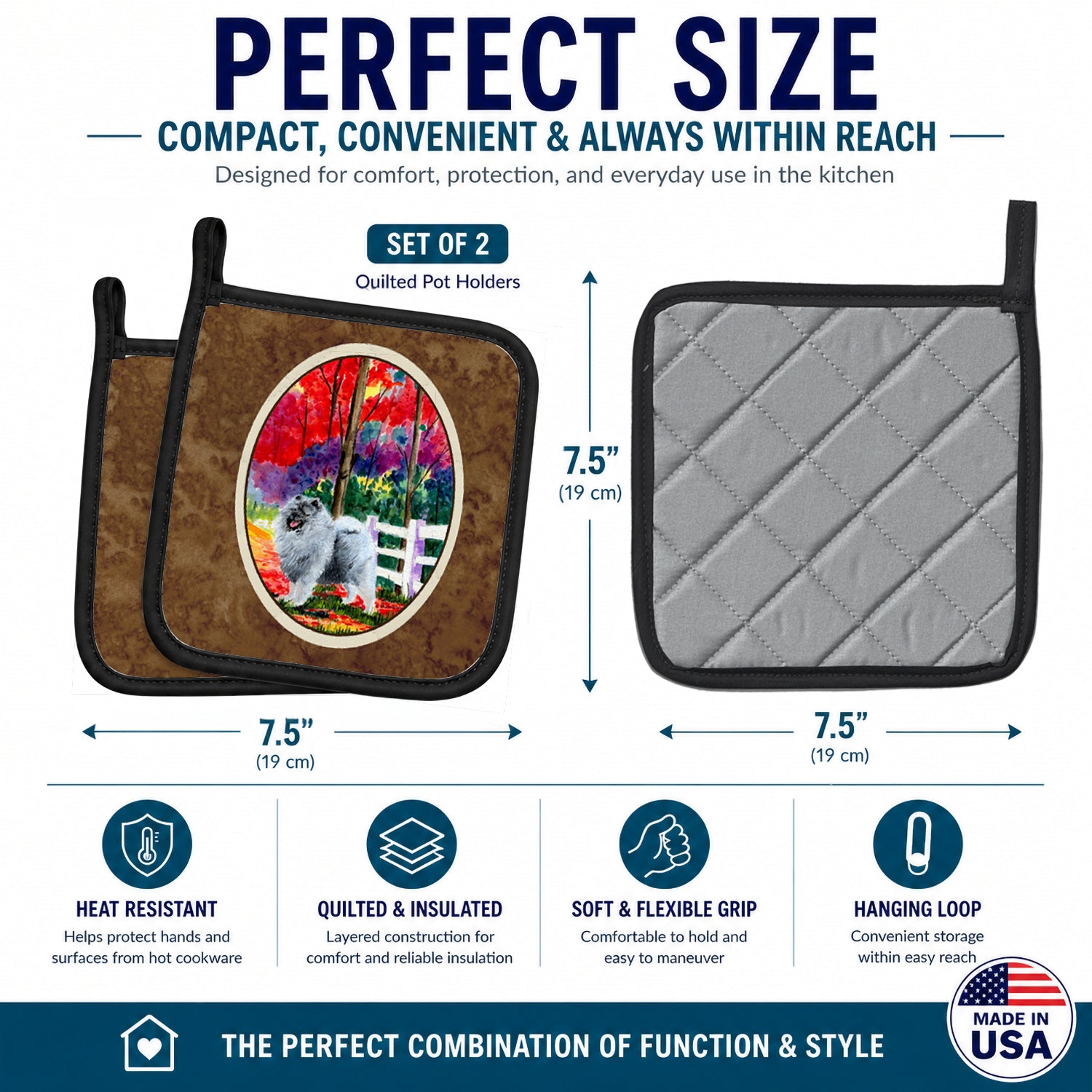 Keeshond Pot Holder Set of 2 Heat Resistant Quilted Hot Pads 7.5 x 7.5 Inch, Insulated Kitchen Trivets for Cooking & Baking