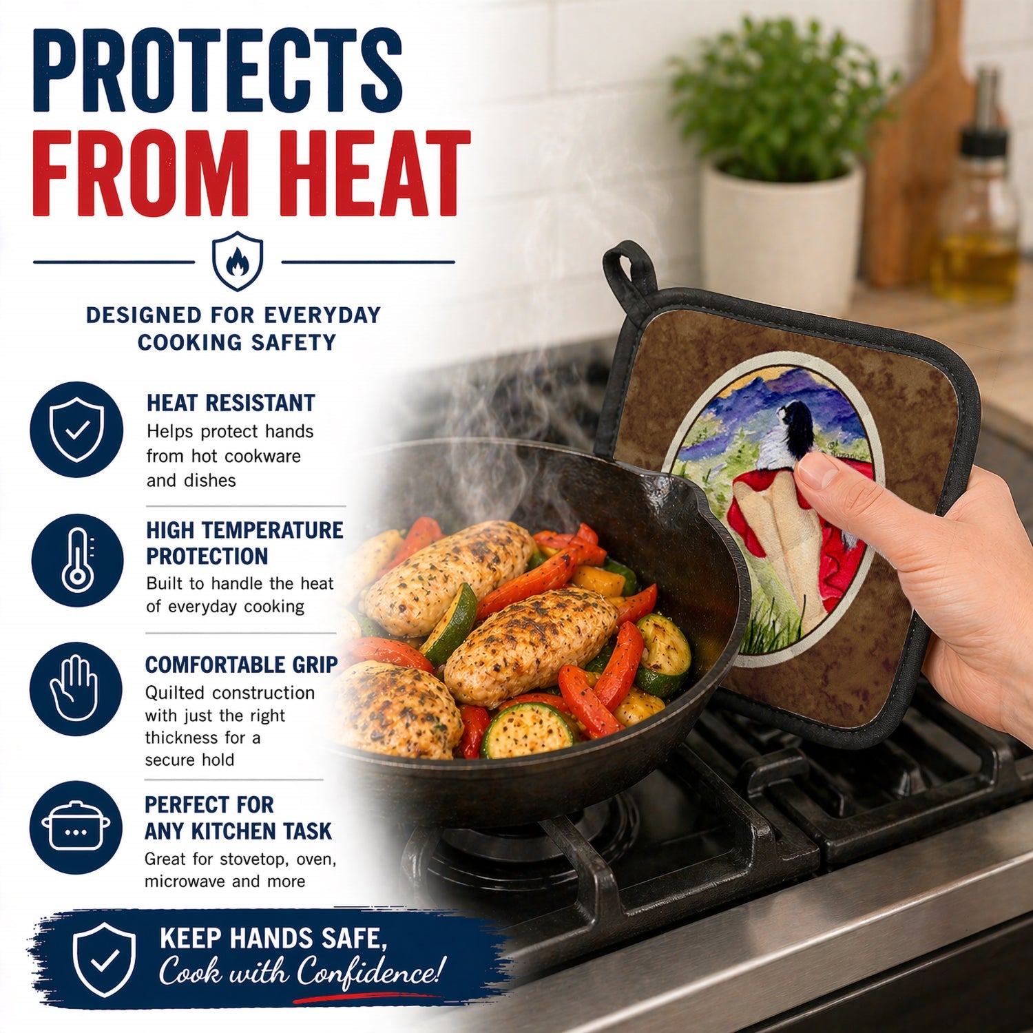Lady with her Japanese Chin Pot Holder Set of 2 Heat Resistant Quilted Hot Pads 7.5 x 7.5 Inch, Insulated Kitchen Trivets for Cooking & Baking