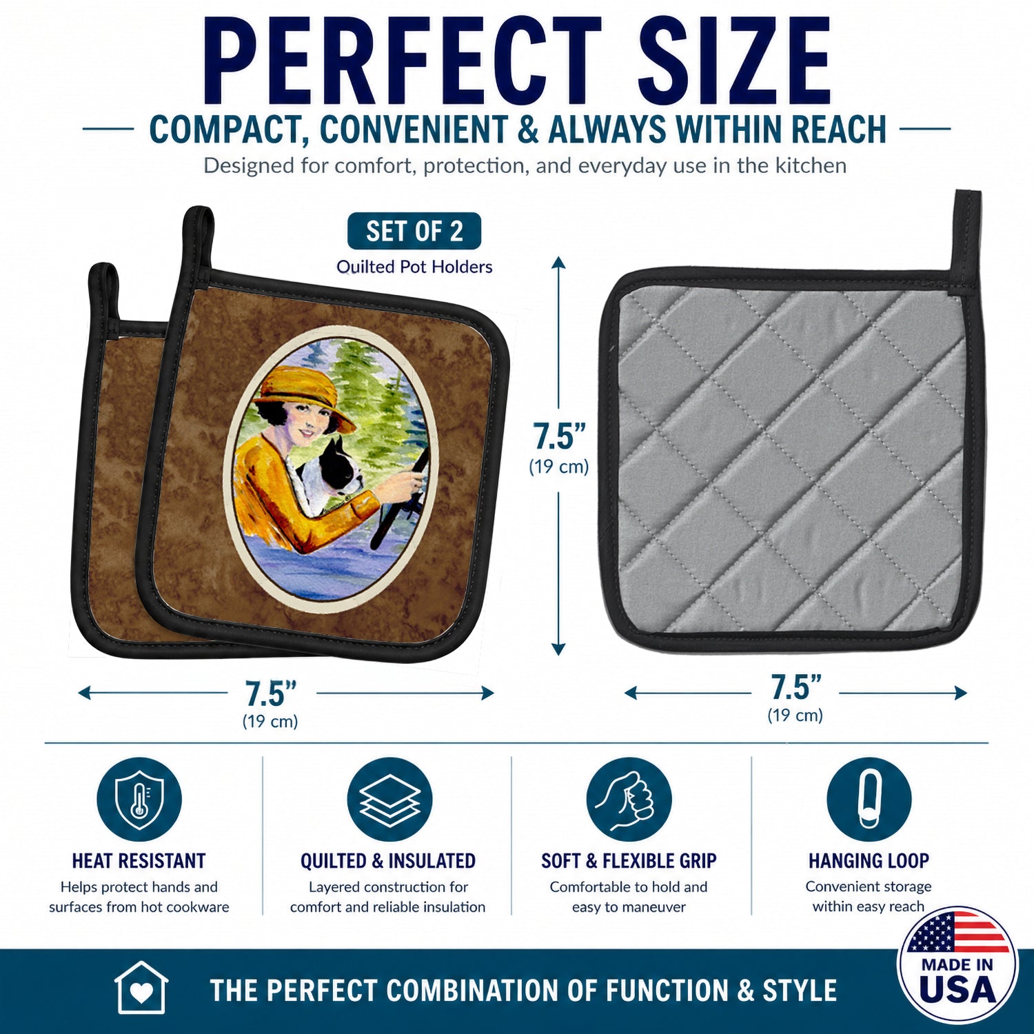 Woman driving with her Boston Terrier Pot Holder Set of 2 Heat Resistant Quilted Hot Pads 7.5 x 7.5 Inch, Insulated Kitchen Trivets for Cooking & Baking