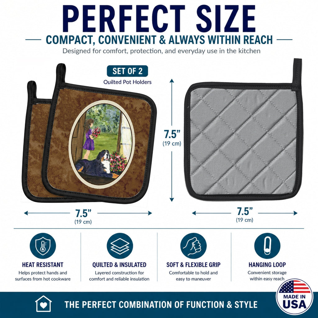 Little Girl with her Bernese Mountain Dog Pot Holder Set of 2 Heat Resistant Quilted Hot Pads 7.5 x 7.5 Inch, Insulated Kitchen Trivets for Cooking & Baking