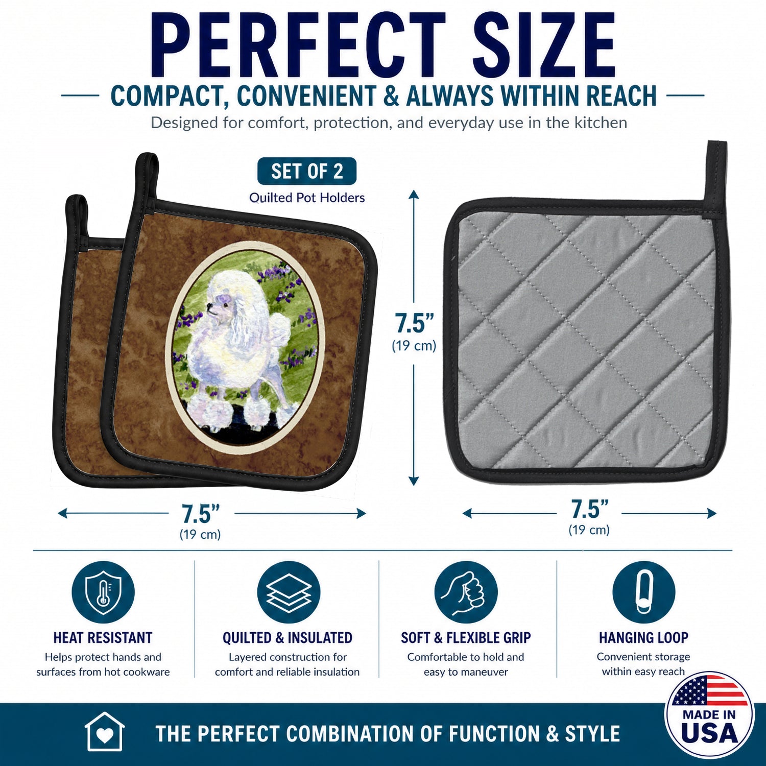 Poodle Pot Holder Set of 2 Heat Resistant Quilted Hot Pads 7.5 x 7.5 Inch, Insulated Kitchen Trivets for Cooking & Baking