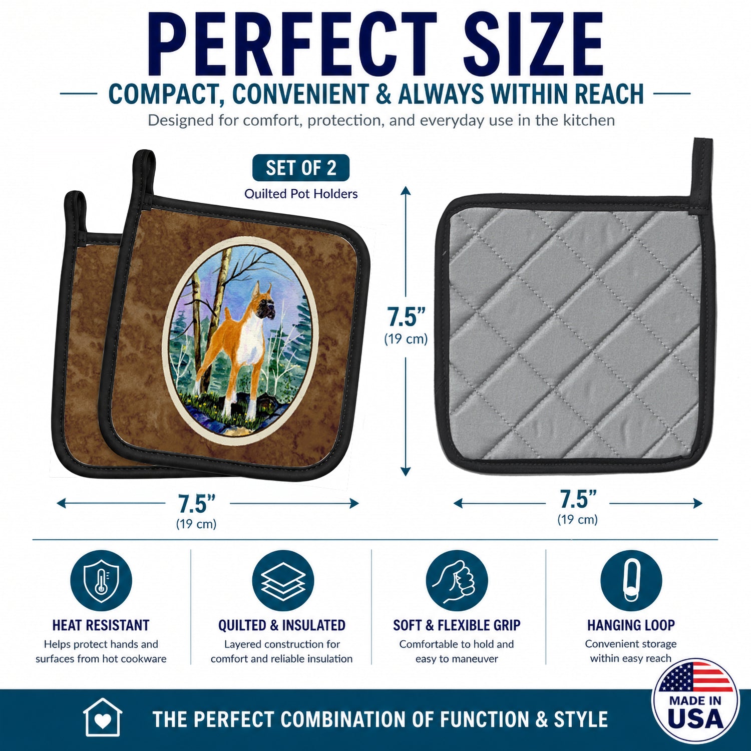 Boxer Pot Holder Set of 2 Heat Resistant Quilted Hot Pads 7.5 x 7.5 Inch, Insulated Kitchen Trivets for Cooking & Baking