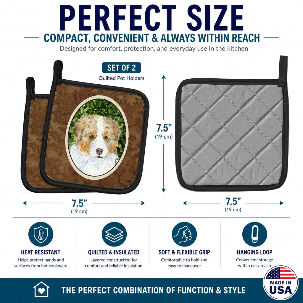 Australian Shepherd Pot Holder Set of 2 Heat Resistant Quilted Hot Pads 7.5 x 7.5 Inch, Insulated Kitchen Trivets for Cooking & Baking