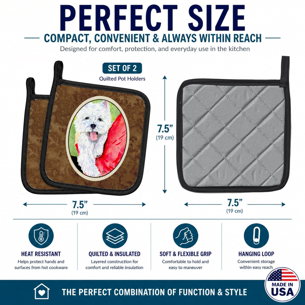 Westie Pot Holder Set of 2 Heat Resistant Quilted Hot Pads 7.5 x 7.5 Inch, Insulated Kitchen Trivets for Cooking & Baking